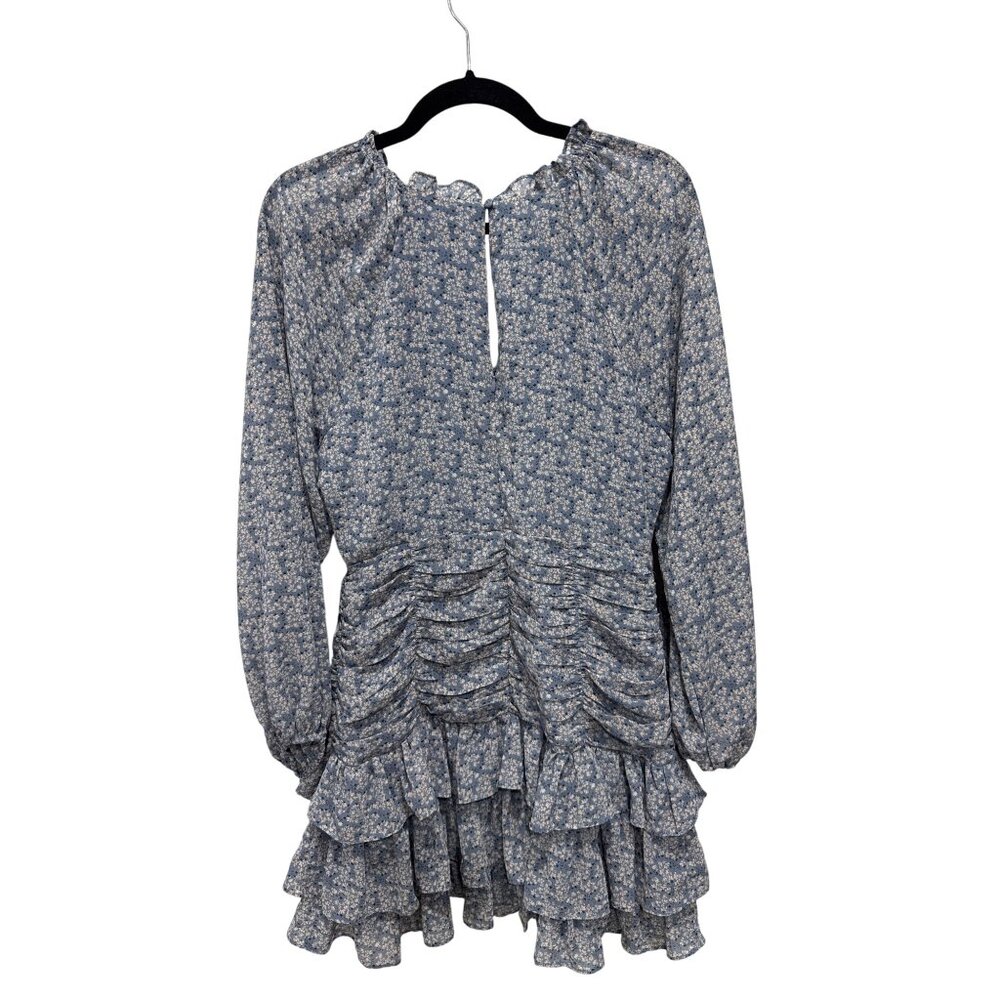 ASTR The Label Blue Floral Long Sleeve Ruffled Mini Dress Women's LARGE - Picture 3 of 11